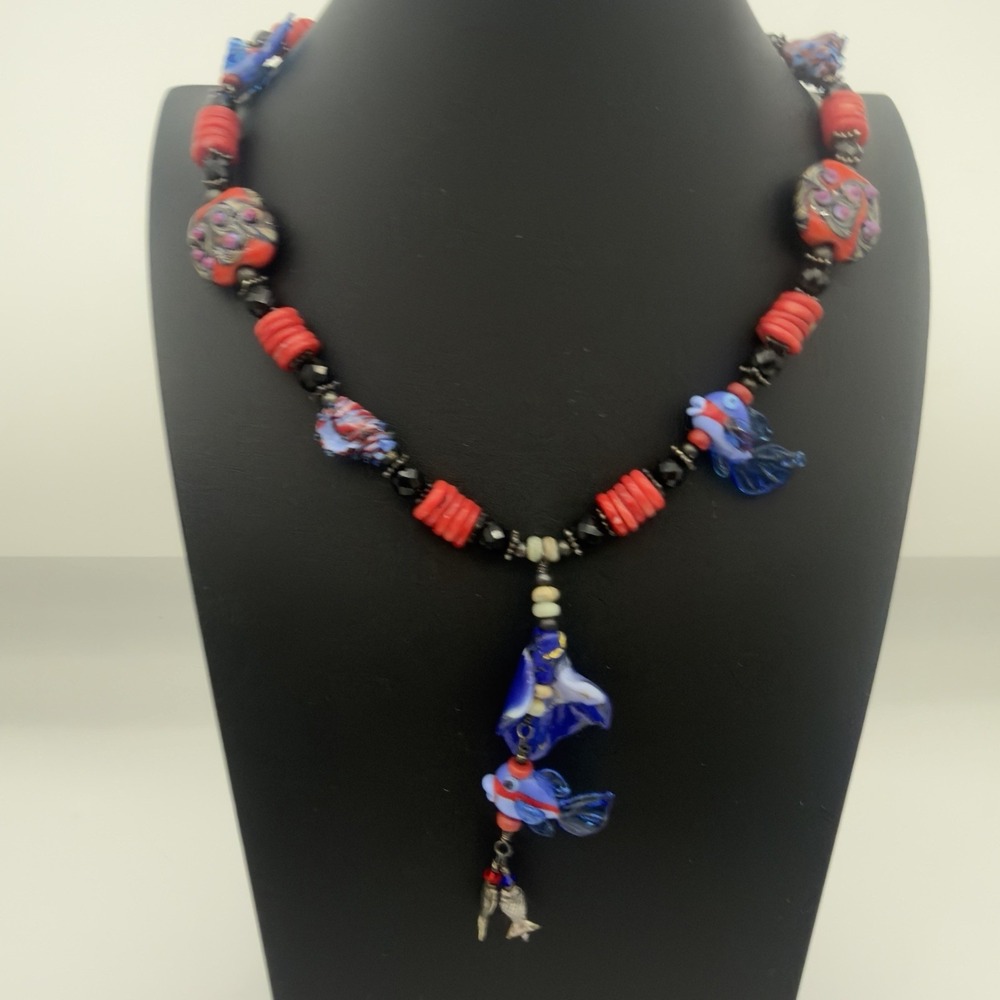 Vtg Sterling Silver Hand blow Glass Bead Necklace Fish Red Coral Y Drop Signed
